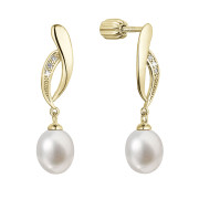 Pozlacené stříbrné náušnice s říční perlou a zirkony 21103.1B Au plating