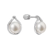 Stříbrné náušnice pecky s perlou a zirkony 21096.1B