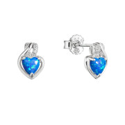Stříbrné náušnice srdce s modrým syntetickým opálem a zirkony 11469.3 white 