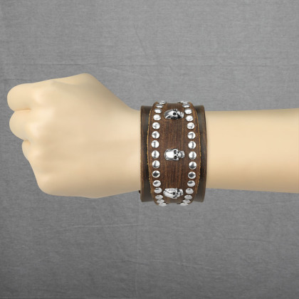 Kožený náramek s lebkami SESL0211-BRN