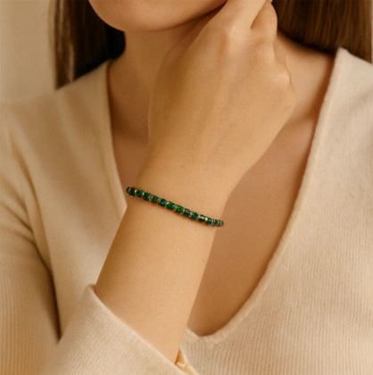 Náramek na ruku z pozlacené oceli a malachitu BSS1085