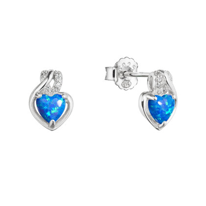 Stříbrné náušnice srdce s modrým syntetickým opálem a zirkony 11469.3 white 