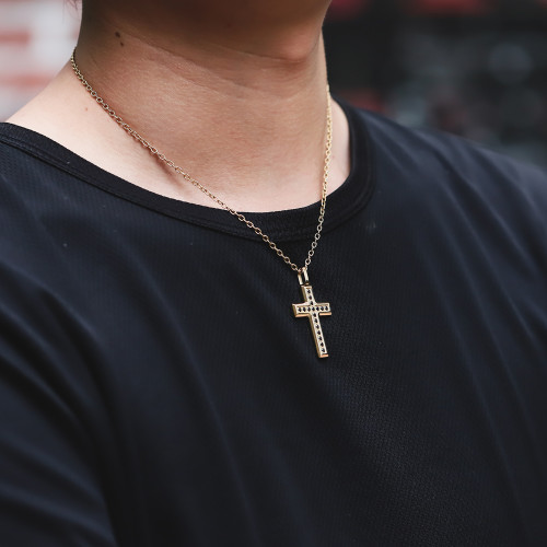 Pozlacený přívěsek z chirurgické oceli křížek + řetízek PSS1245GD
