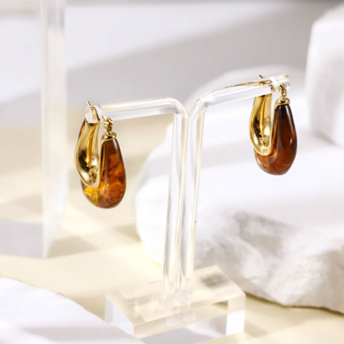 Visací náušnice chirurgická ocel s jantarem MESS45 - Brown